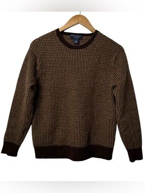 Daniel Cremieux Brown Houndstooth Wool Silk and Alpaca Blend Crewneck Sweater
